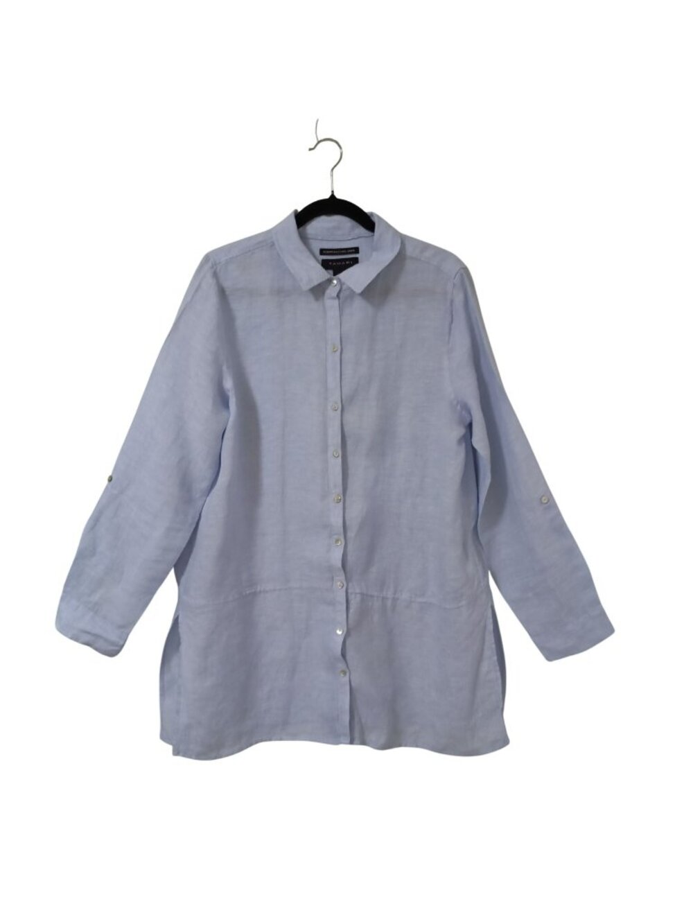 Tahari Shirt Tunic 100% Linen Womens Light Blue Collared Side Slits Size L